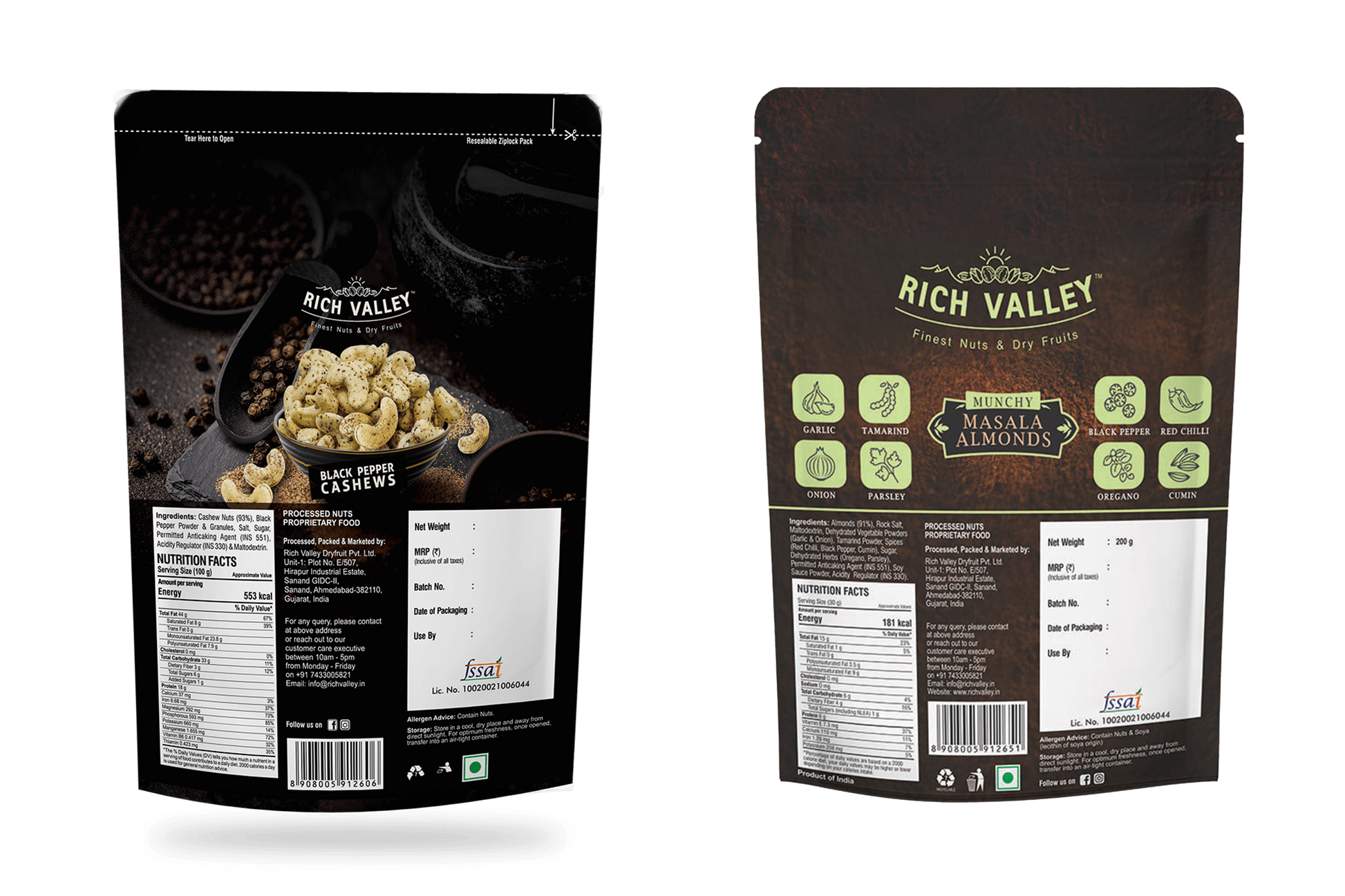 Two packages of Rich Valley masala almonds on a white background
