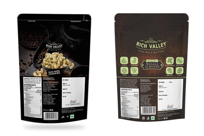 Two packages of Rich Valley masala almonds on a white background