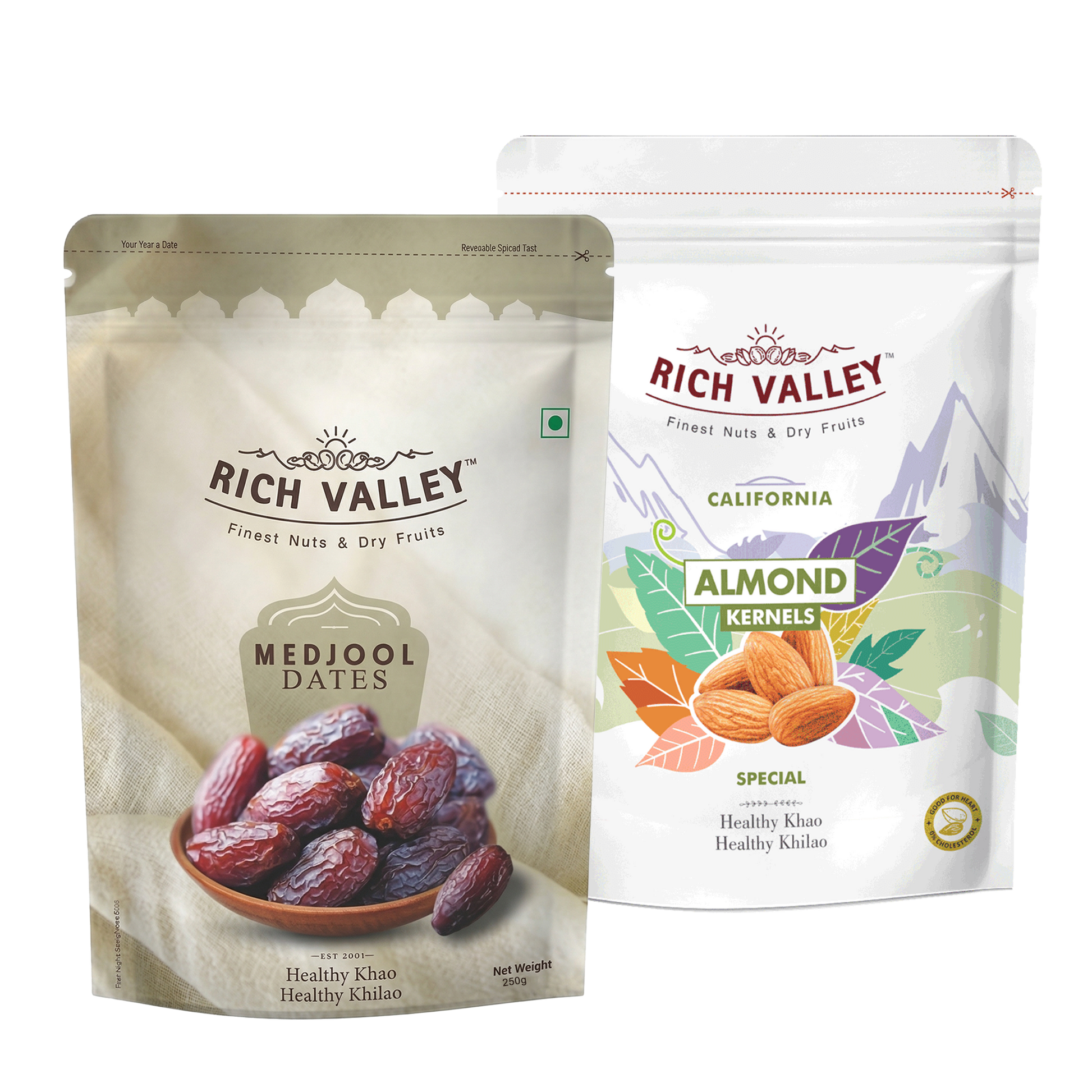 Two Rich Valley brand packages for Medjool dates and almond kernels on a white background