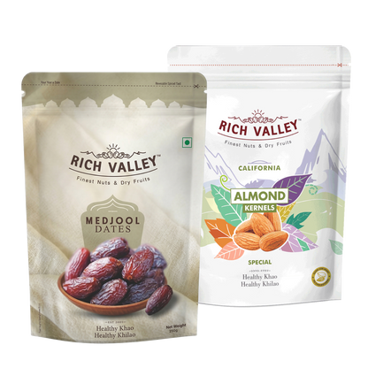 Two Rich Valley brand packages for Medjool dates and almond kernels on a white background