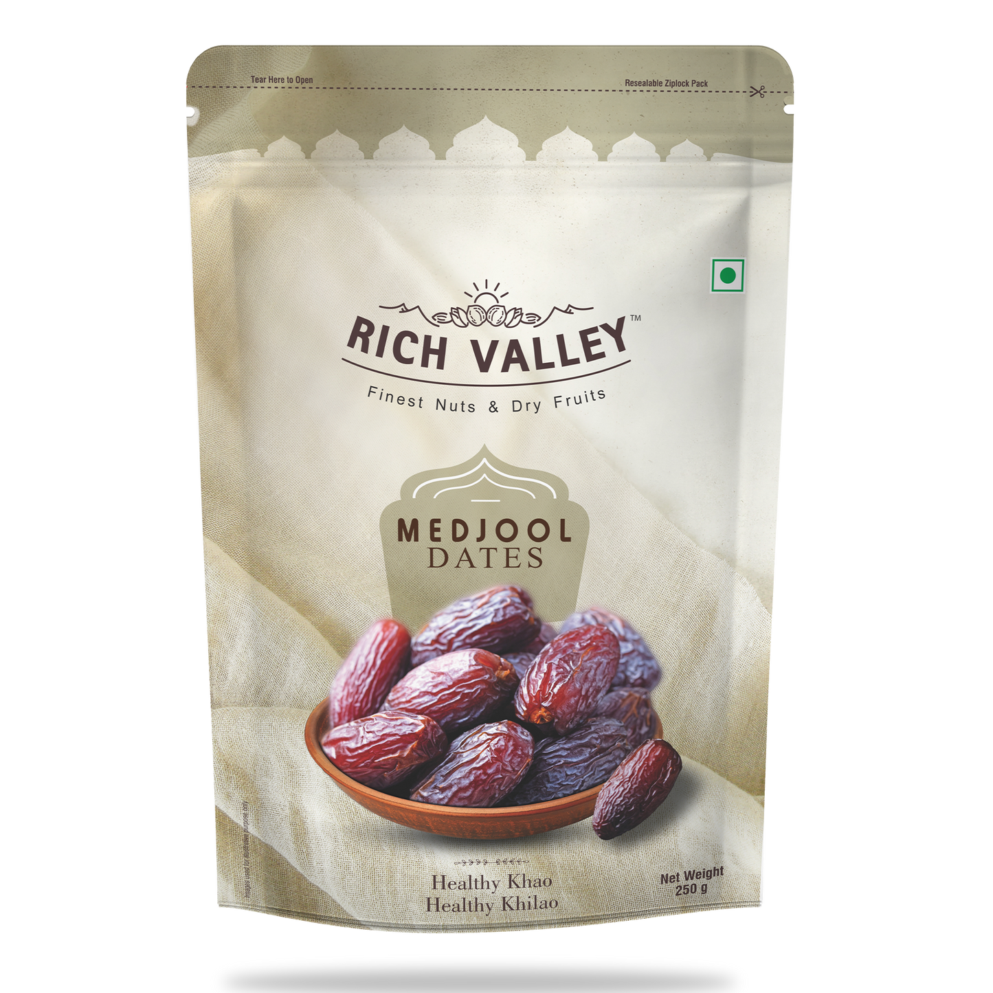 Rich Valley Medjool dates packaging on white background