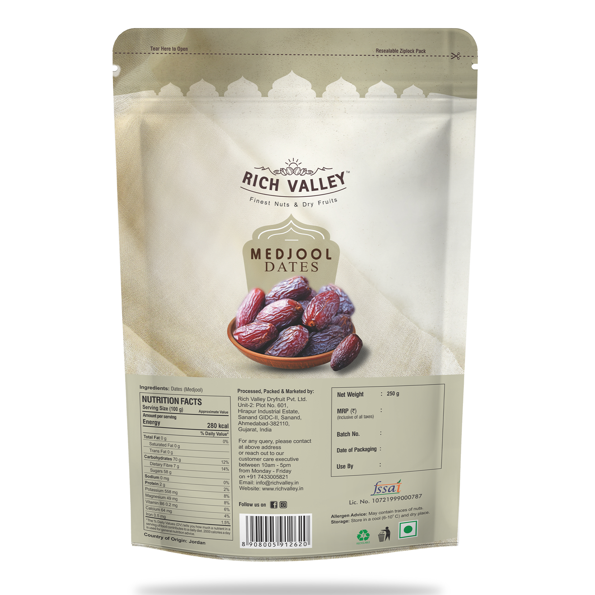 Rich Valley Medjool dates packaging on white background