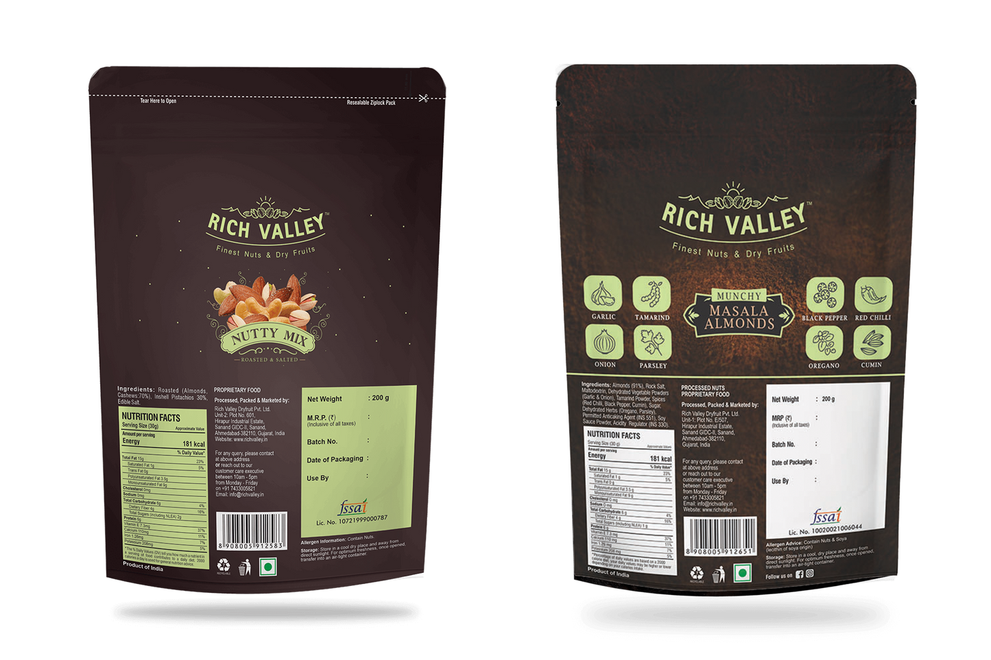 Two Rich Valley brand nut mix packages on a white background