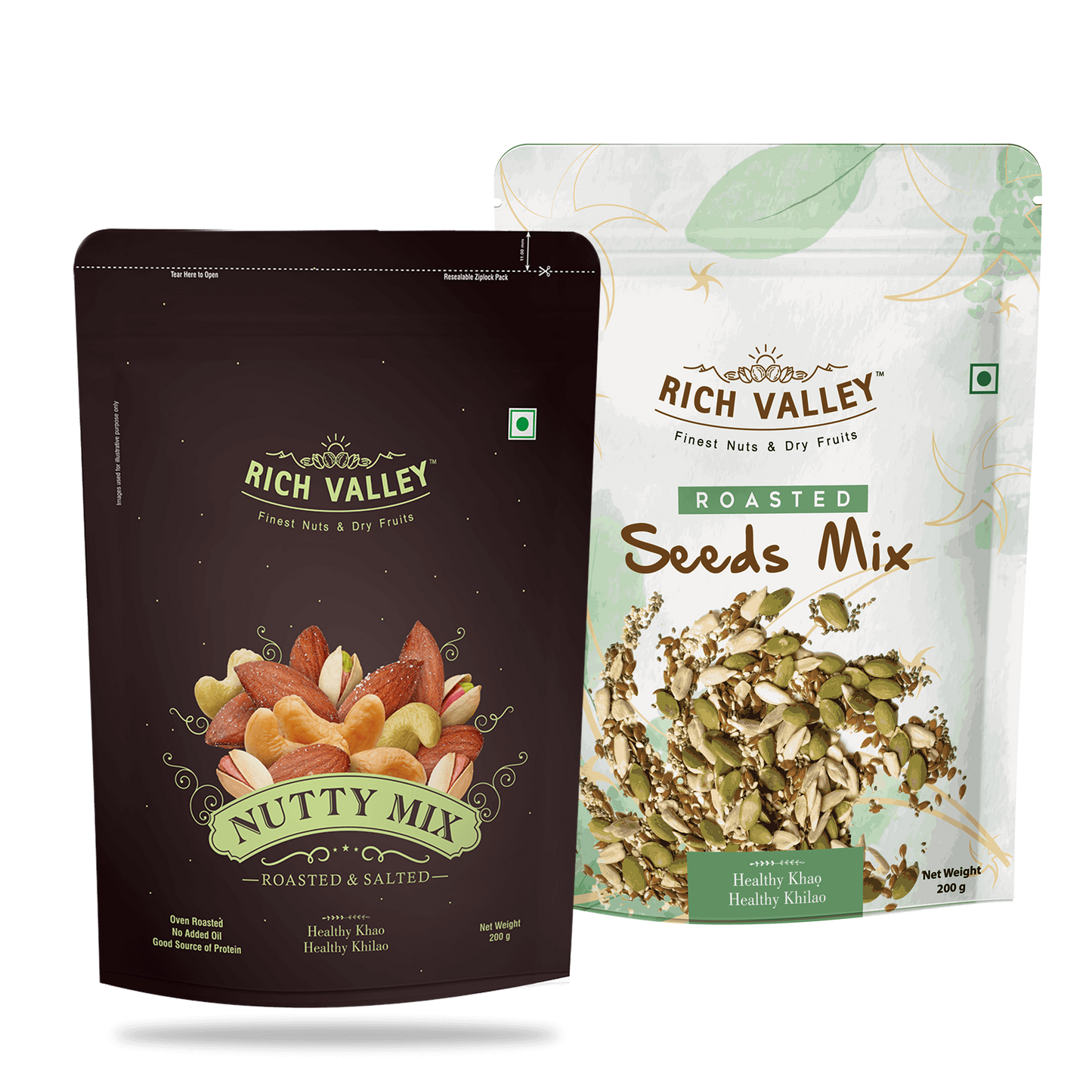 Two packages of Rich Valley nut and seed mixes on a white background