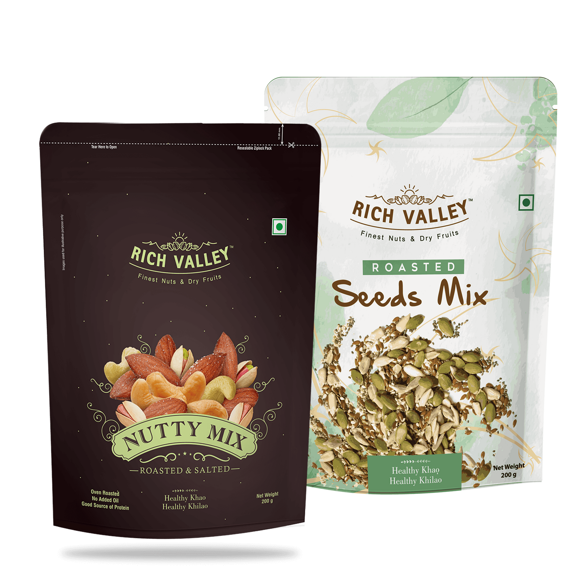 Two packages of Rich Valley nut and seed mixes on a white background