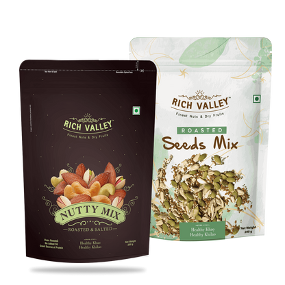 Two packages of Rich Valley nut and seed mixes on a white background