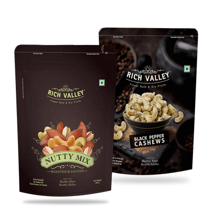 Two packages of Rich Valley nutty mix displayed on a white background