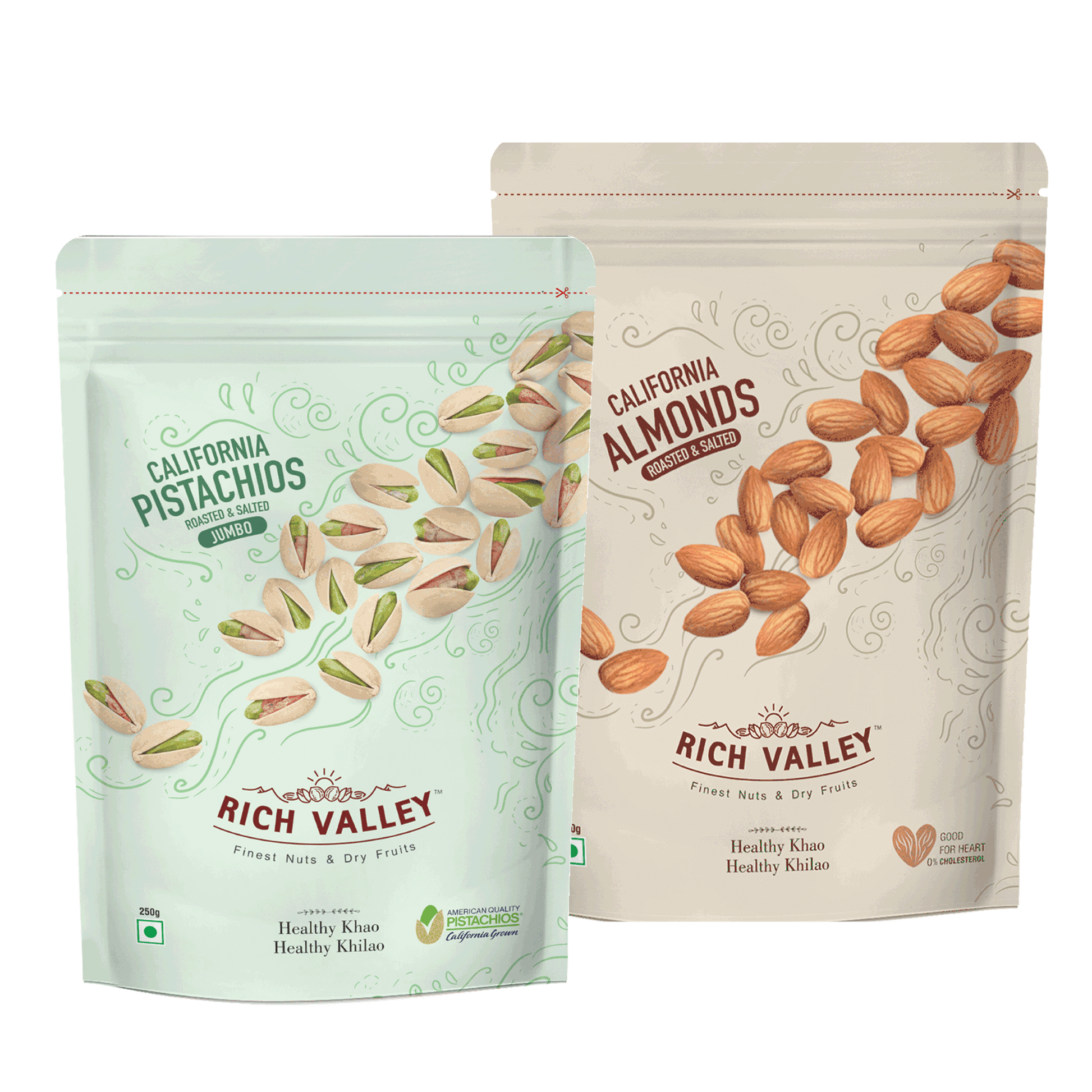 Two Rich Valley nut packages with pistachios and almonds on a white background