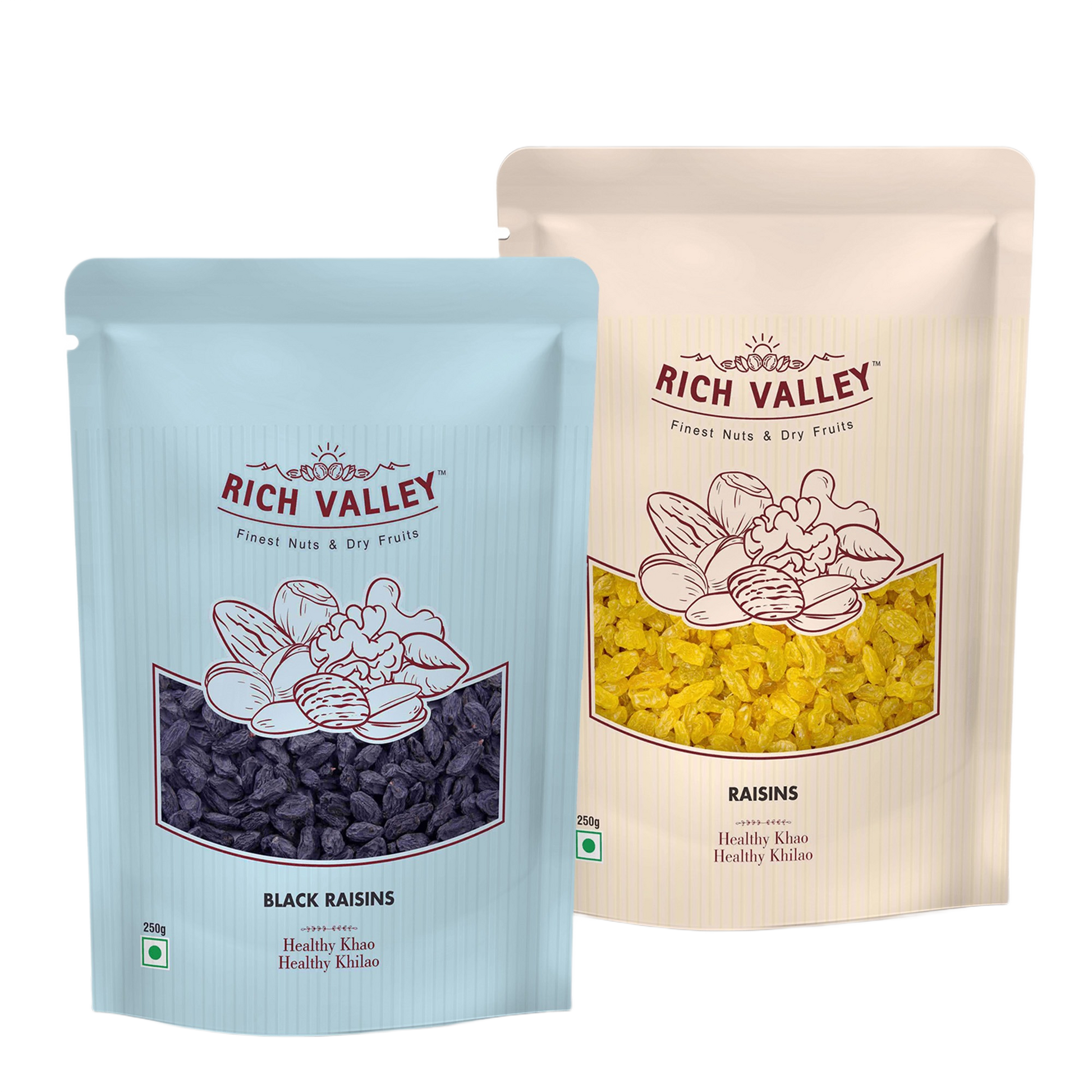 Two Rich Valley packages of black raisins and raisins on white background