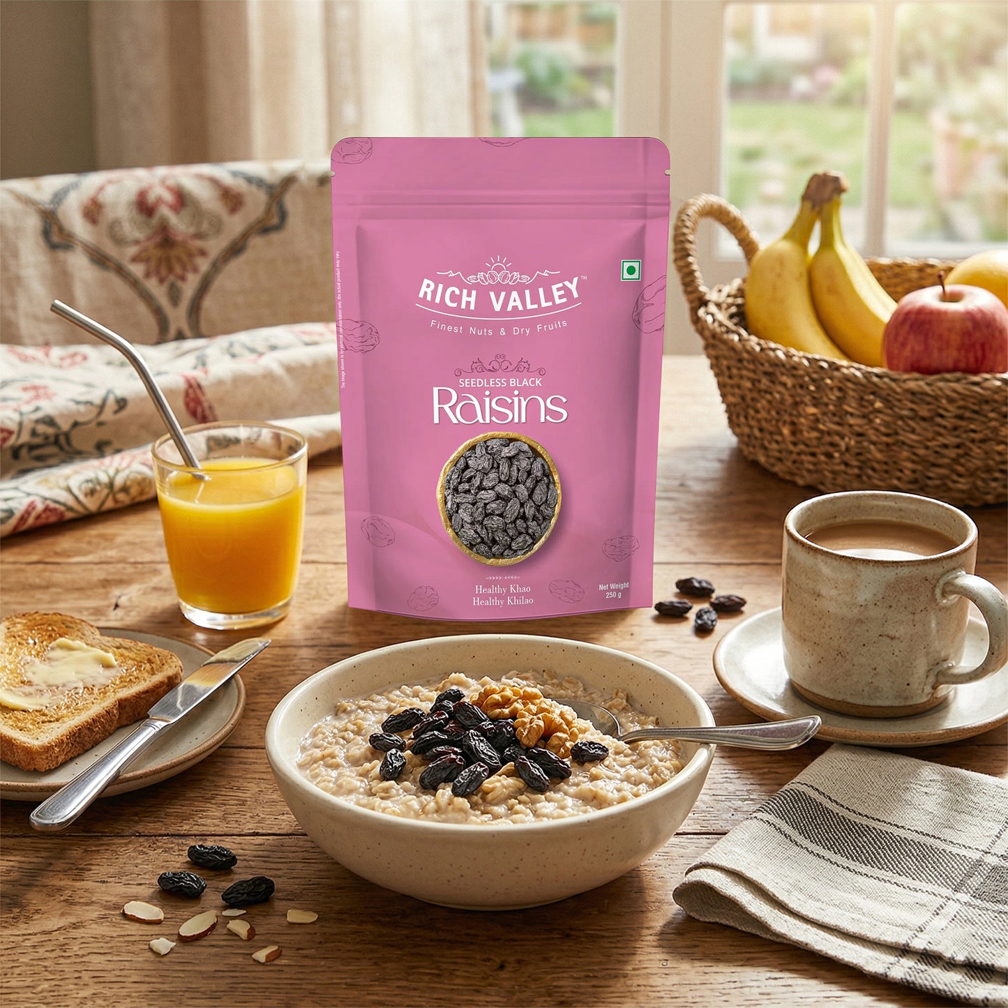 Rich Valley raisins package on a table with cereal, coffee, and fruit bowl