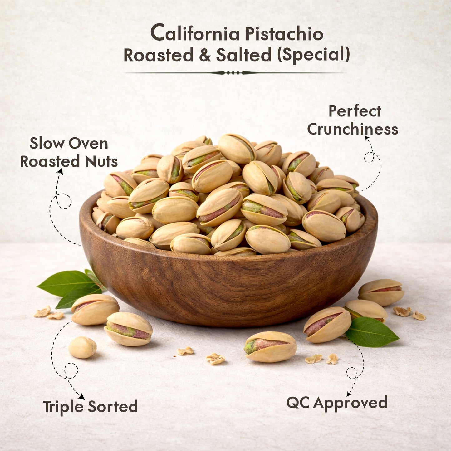 Roasted and salted California pistachios in a bowl with Rich Valley branding concept