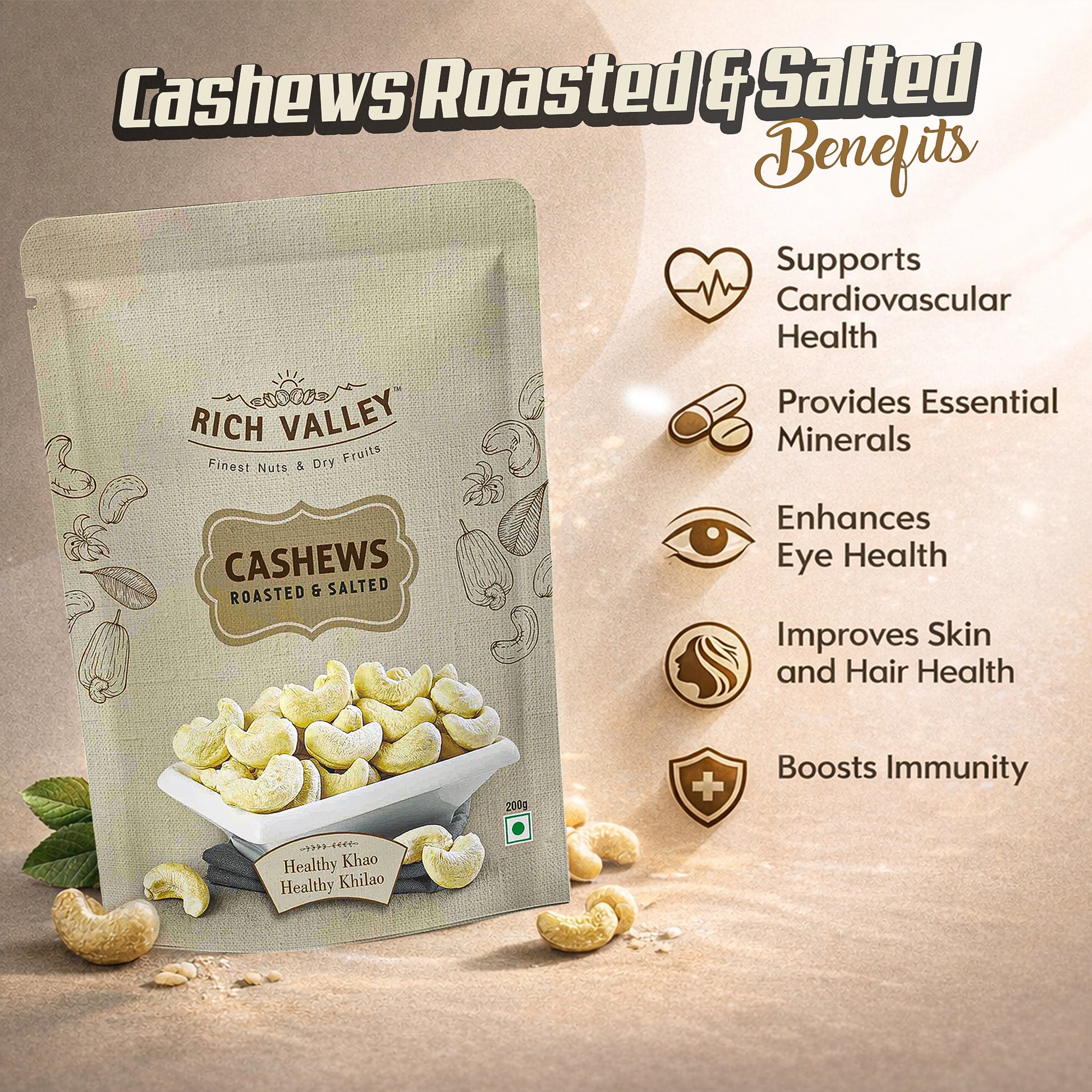 Rich Valley roasted and salted cashews packaging with health benefits listed