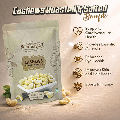 Rich Valley roasted and salted cashews packaging with health benefits listed