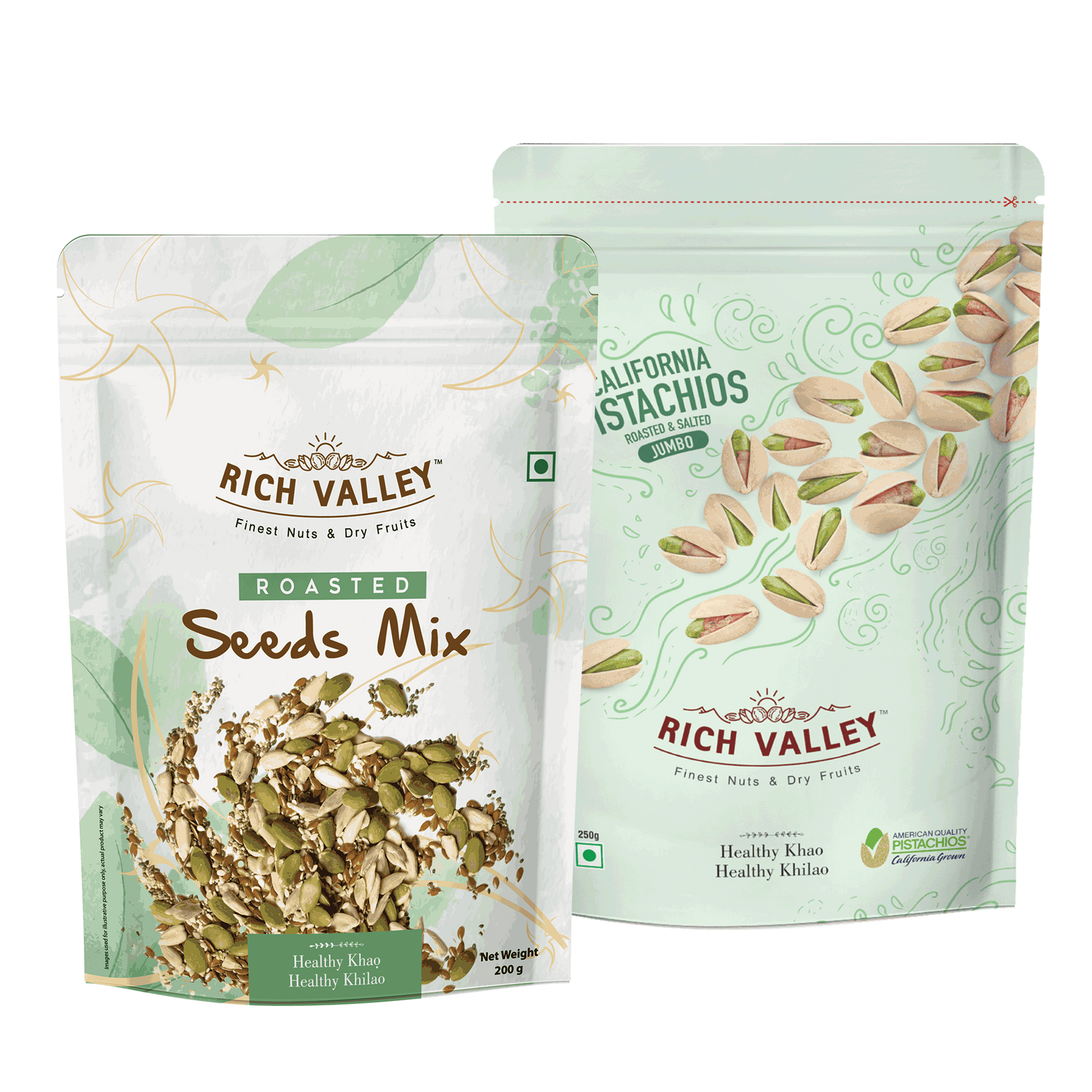 Two packages of Rich Valley roasted seeds mix on a white background