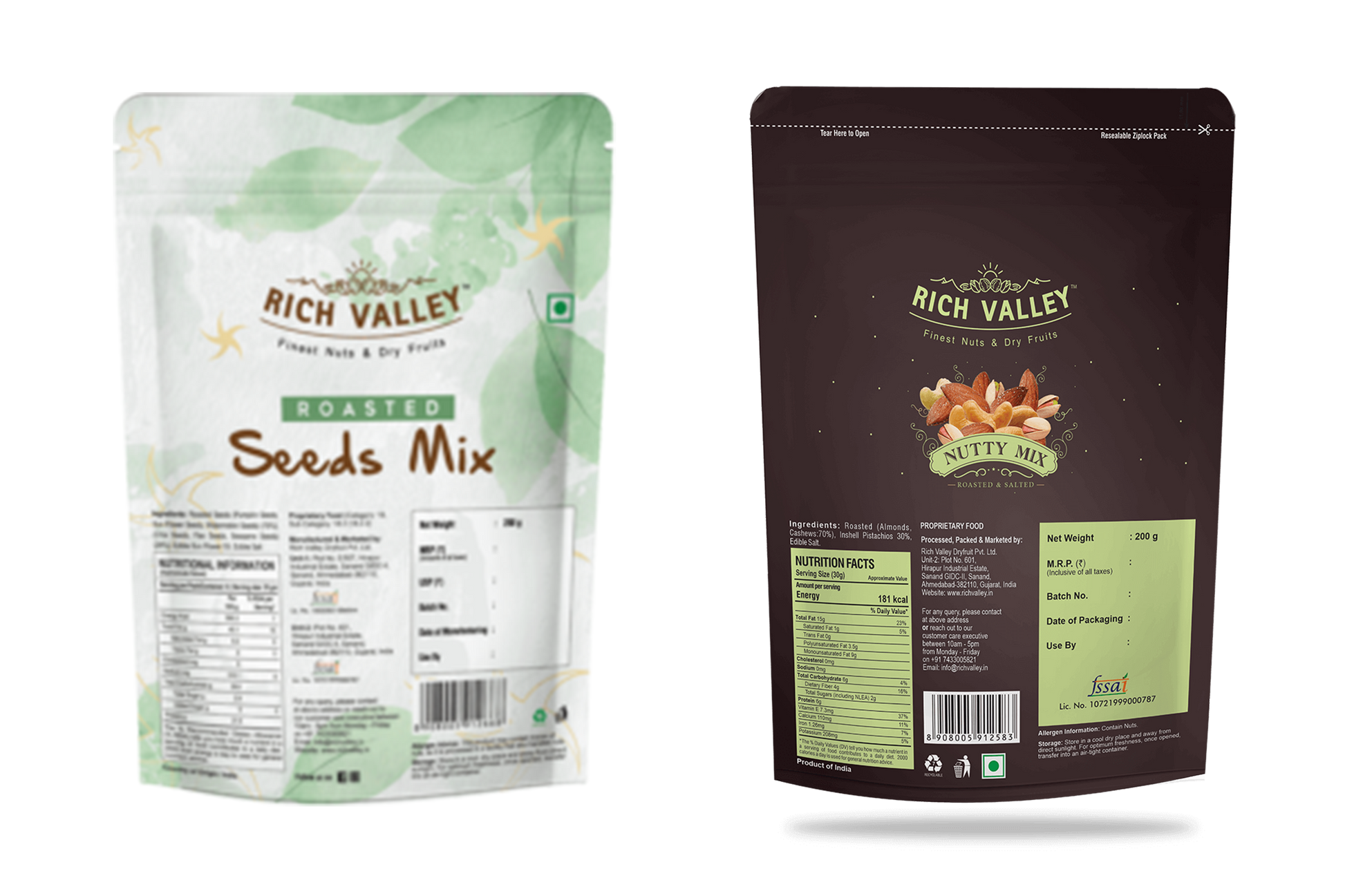 Two packages of Rich Valley roasted seeds mix on a white background