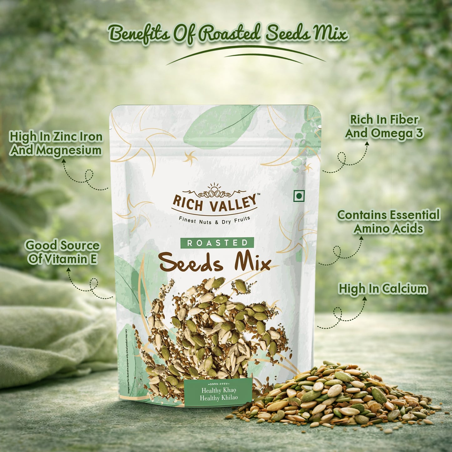 Rich Valley roasted seeds mix packaging with benefits text on green background
