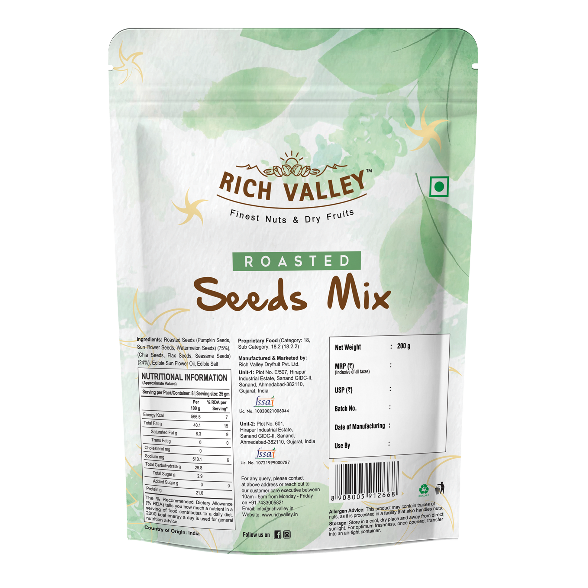 Rich Valley roasted seeds mix packaging with green leaf design