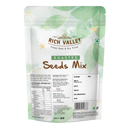 Rich Valley roasted seeds mix packaging with green leaf design