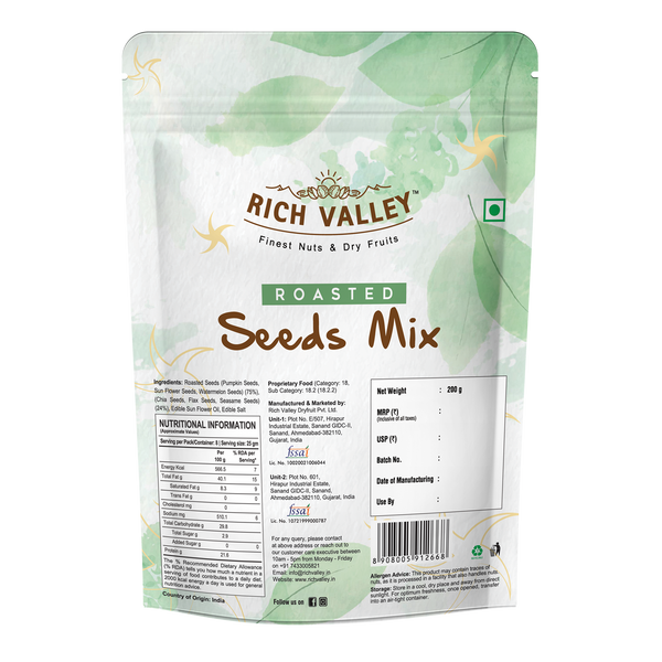 Rich Valley roasted seeds mix packaging with green leaf design