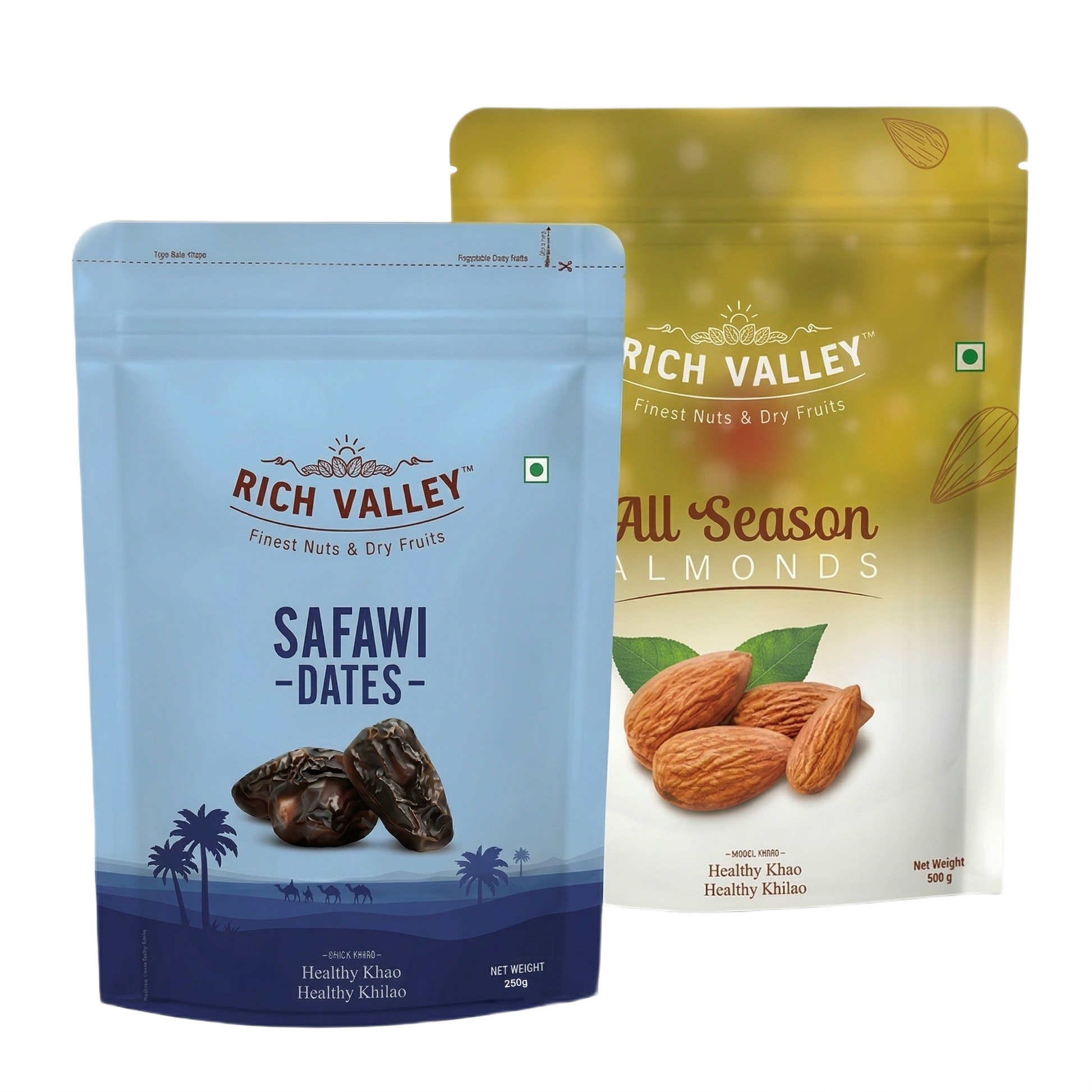 Two Rich Valley packages of Safawi dates and all season almonds on white background