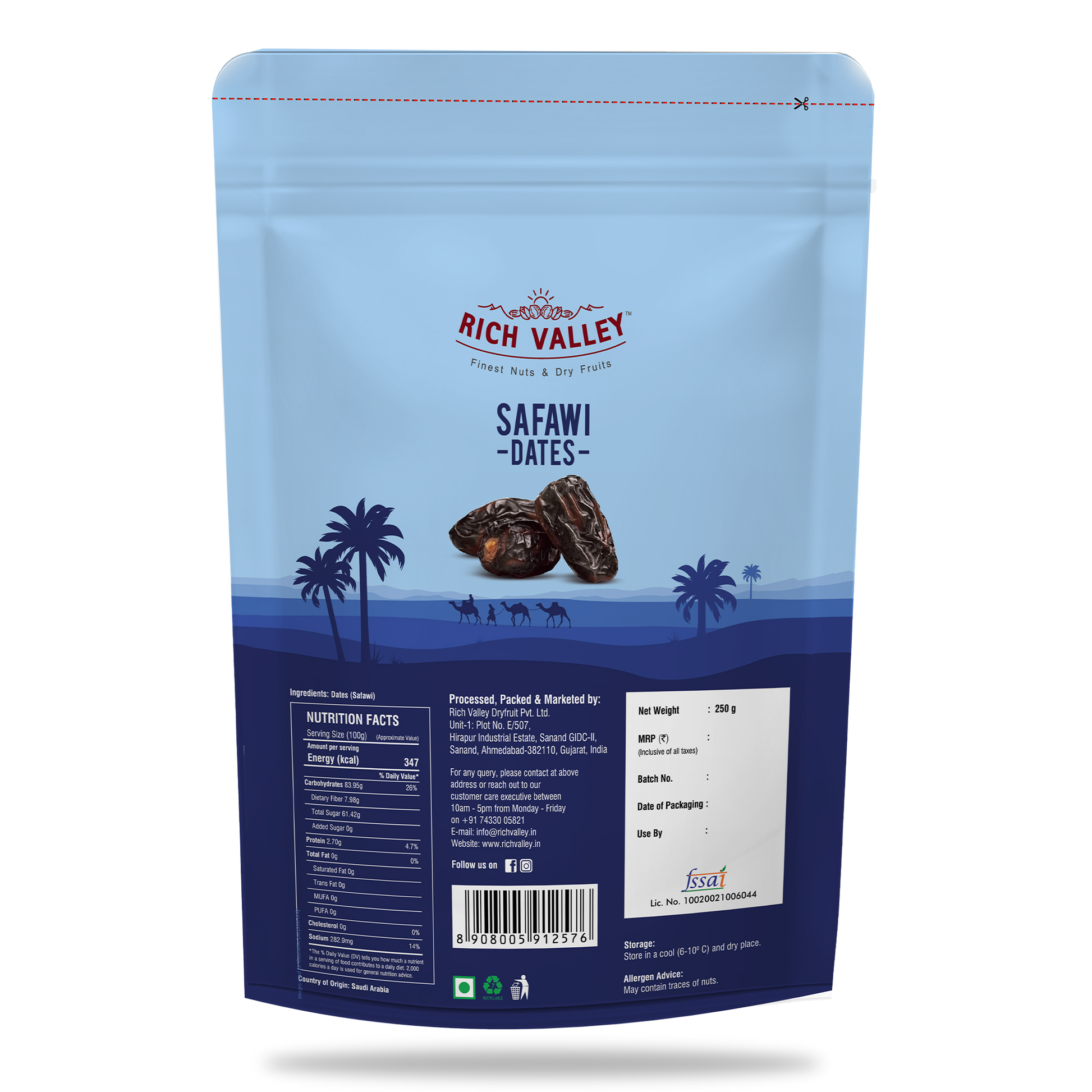 Rich Valley Safawi dates packaging with blue and white design on a clean background
