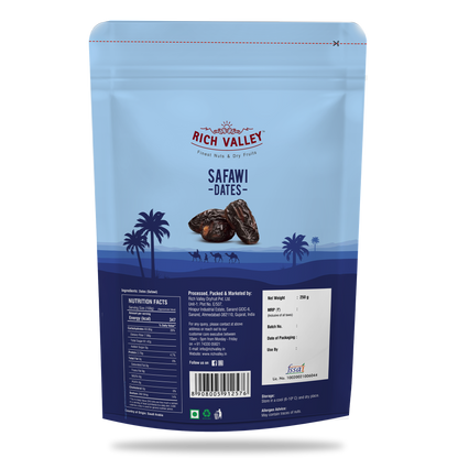 Rich Valley Safawi dates packaging with blue and white design on a clean background