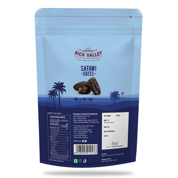 Rich Valley Safawi dates packaging with blue and white design on a clean background