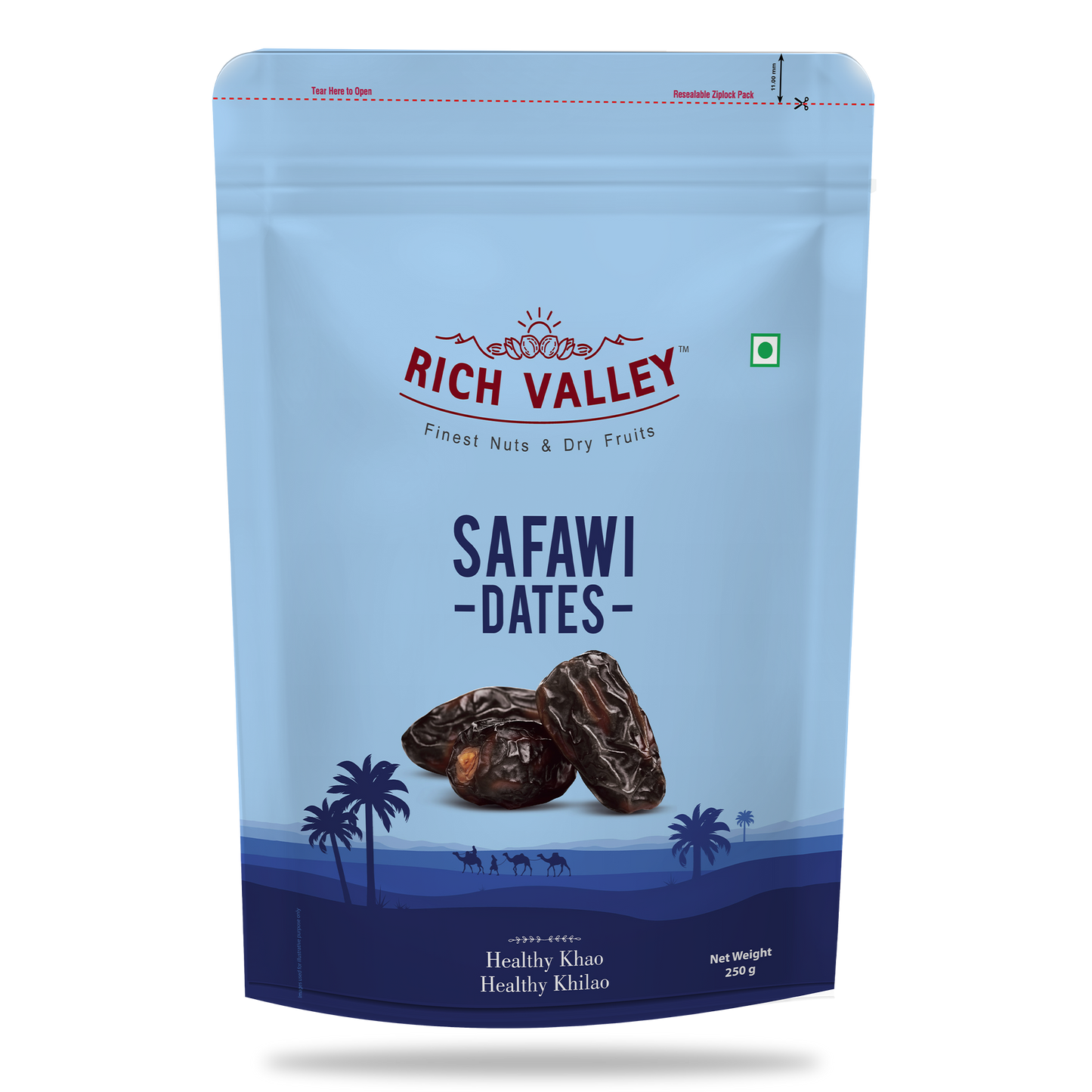 Rich Valley Safawi dates packaging with blue and red design on a white background