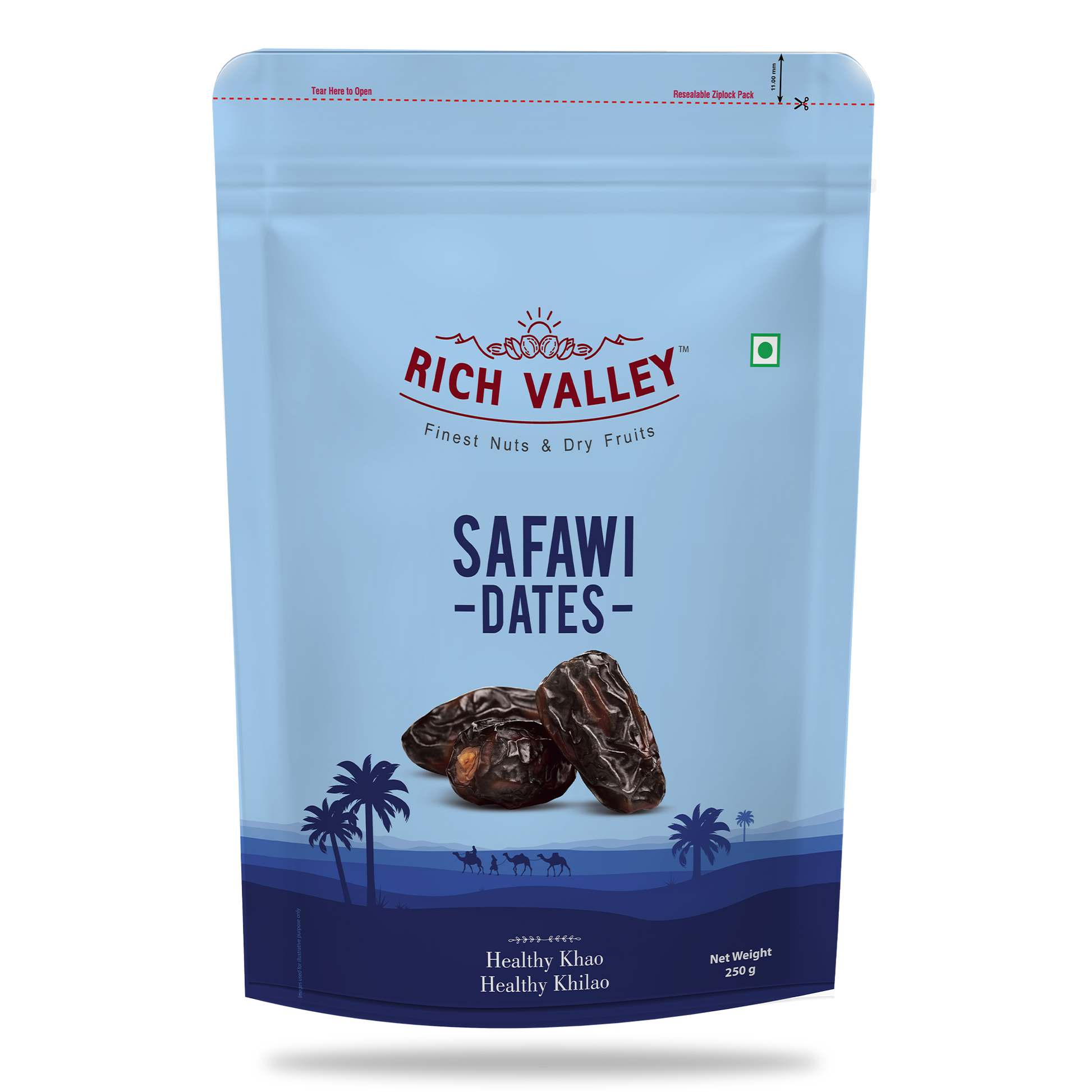 Rich Valley Safawi dates packaging with blue and red design on a white background