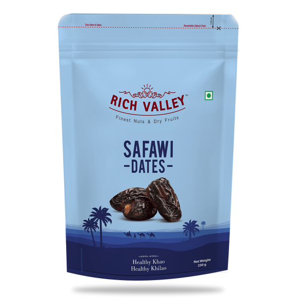 Rich Valley Safawi dates packaging with blue and red design on a white background