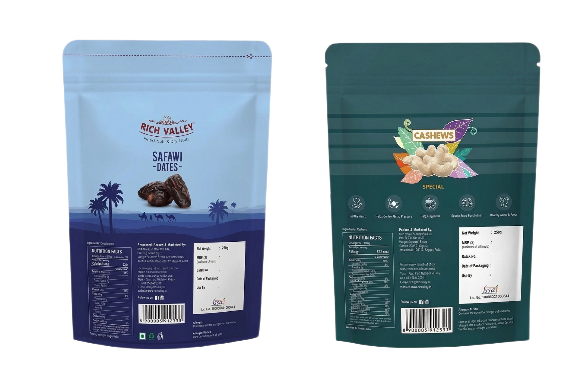Two Rich Valley packaging designs for Safawi dates and cashew special on white background