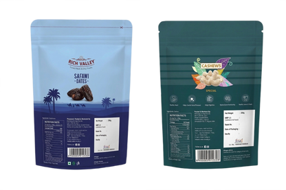 Two Rich Valley packaging designs for Safawi dates and cashew special on white background