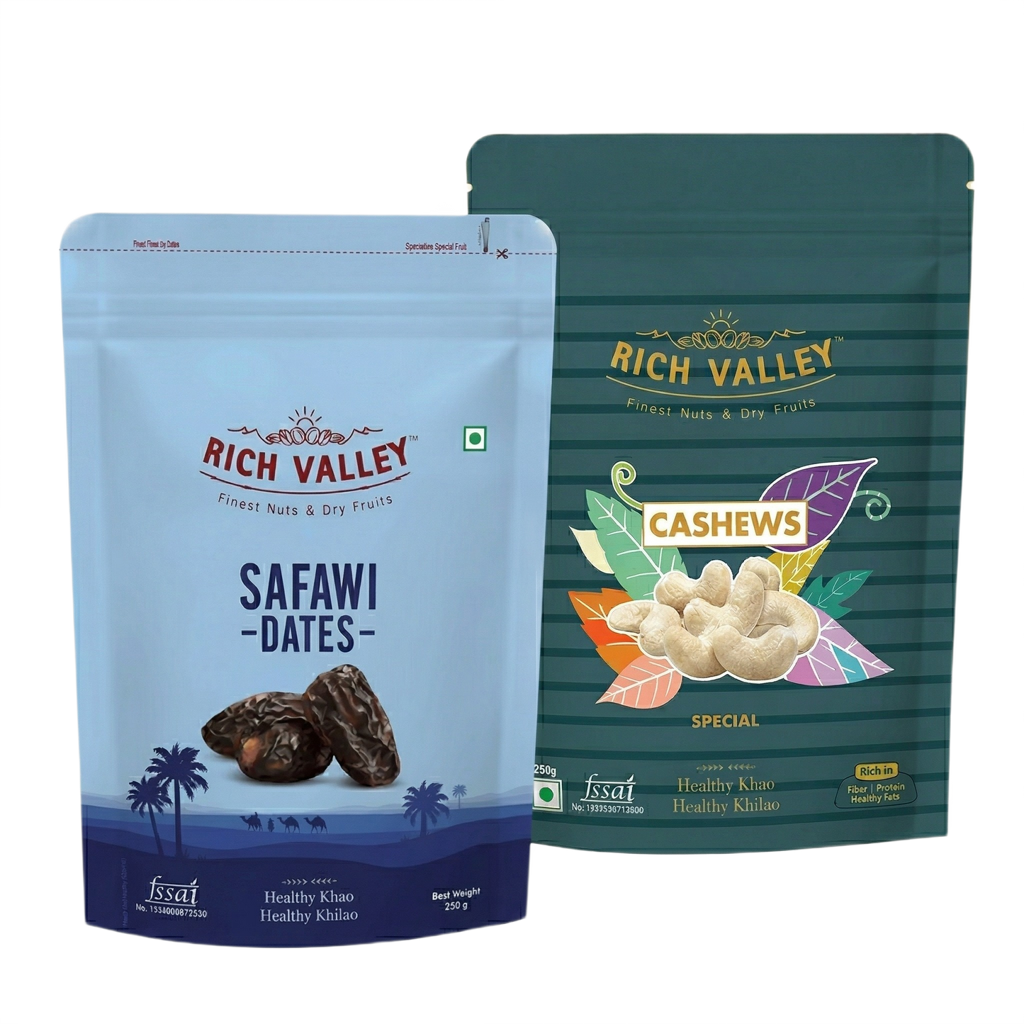 Two Rich Valley packages for Safawi dates and cashews on white background