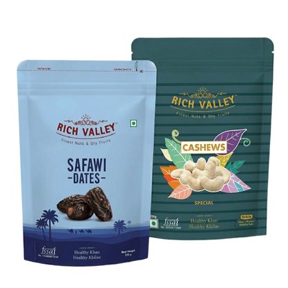 Two Rich Valley packages for Safawi dates and cashews on white background
