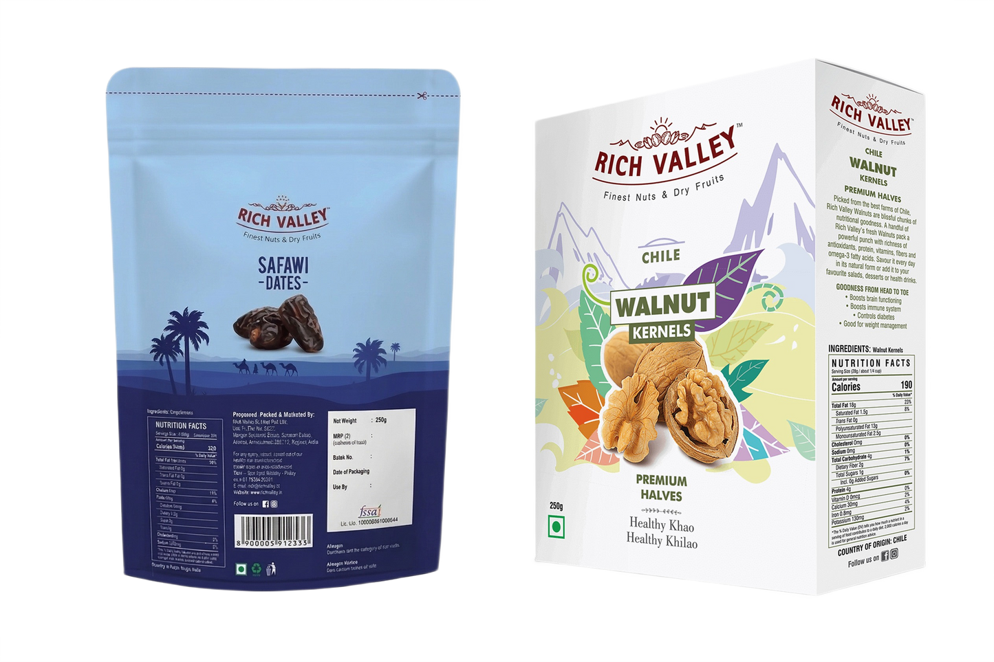 Two Rich Valley packages of Safawi dates and walnut kernels on white background