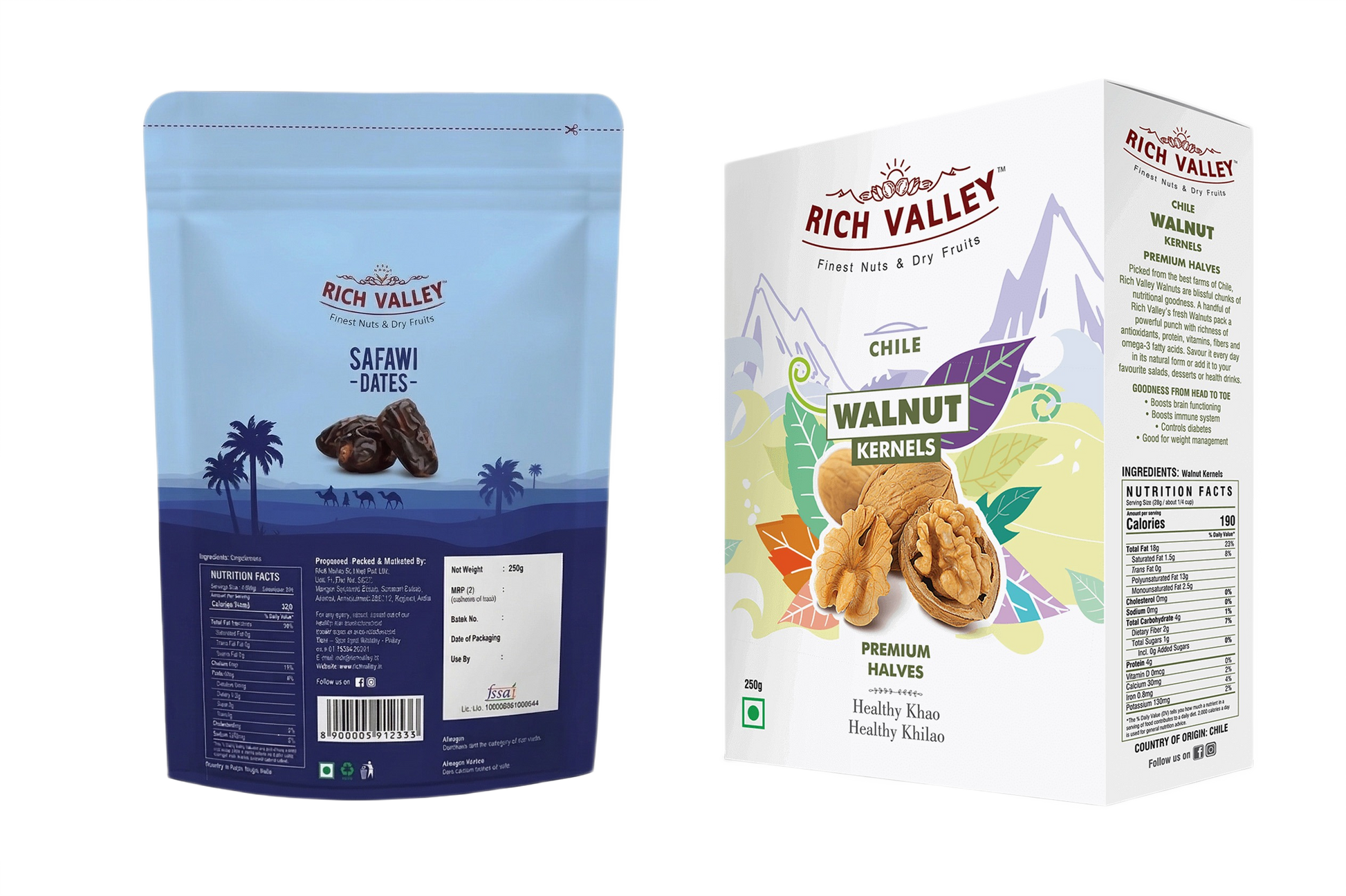 Two Rich Valley packages of Safawi dates and walnut kernels on white background