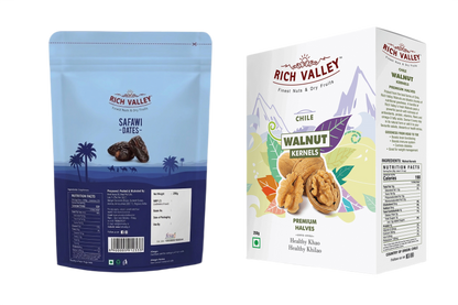 Two Rich Valley packages of Safawi dates and walnut kernels on white background