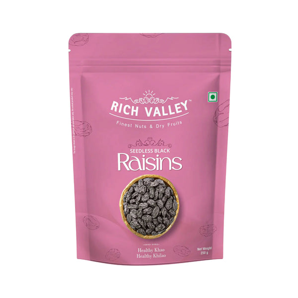 Pink package of Rich Valley seedless black raisins on a white background