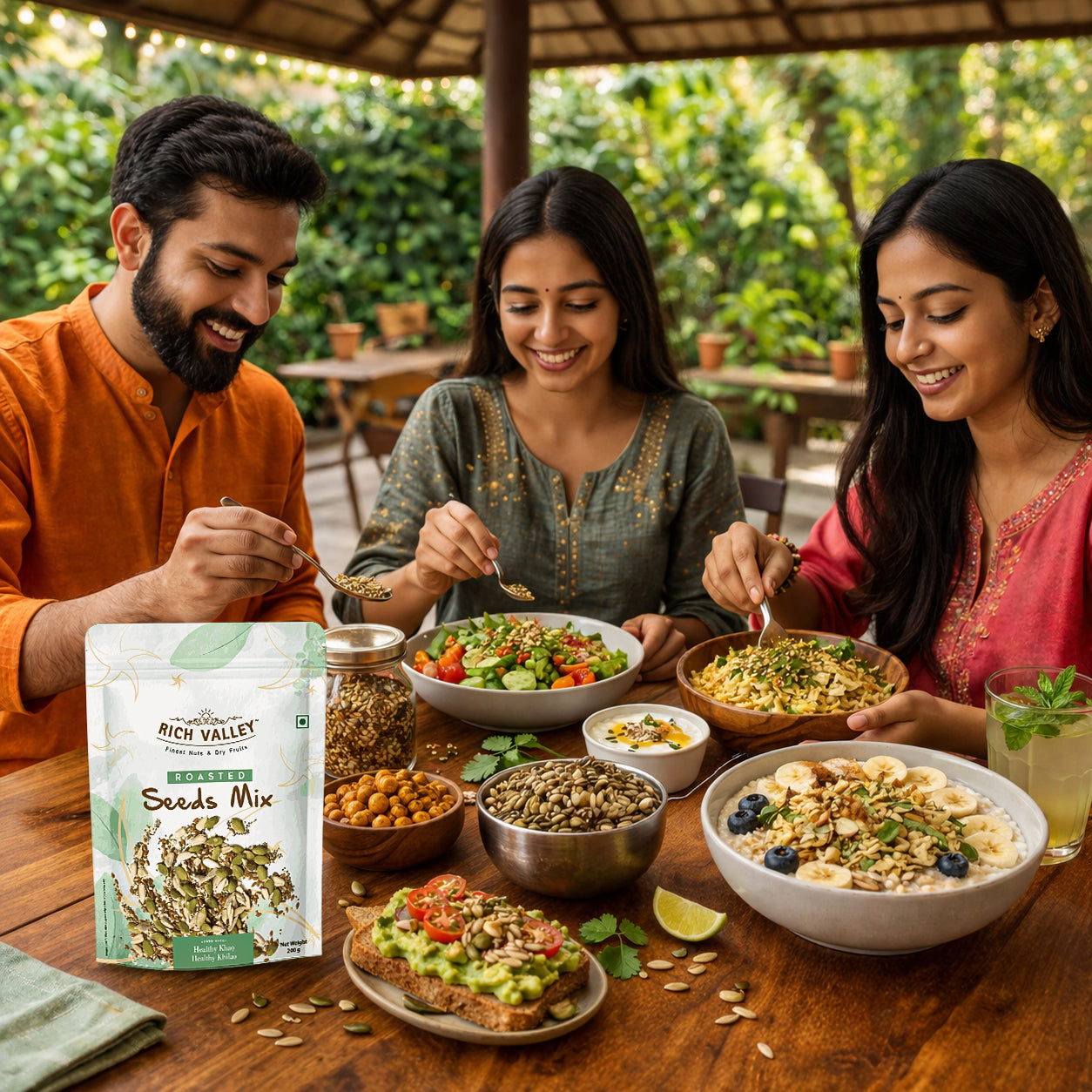 Three people enjoying a meal with dishes and Rich Valley Seeds Mix on wooden table