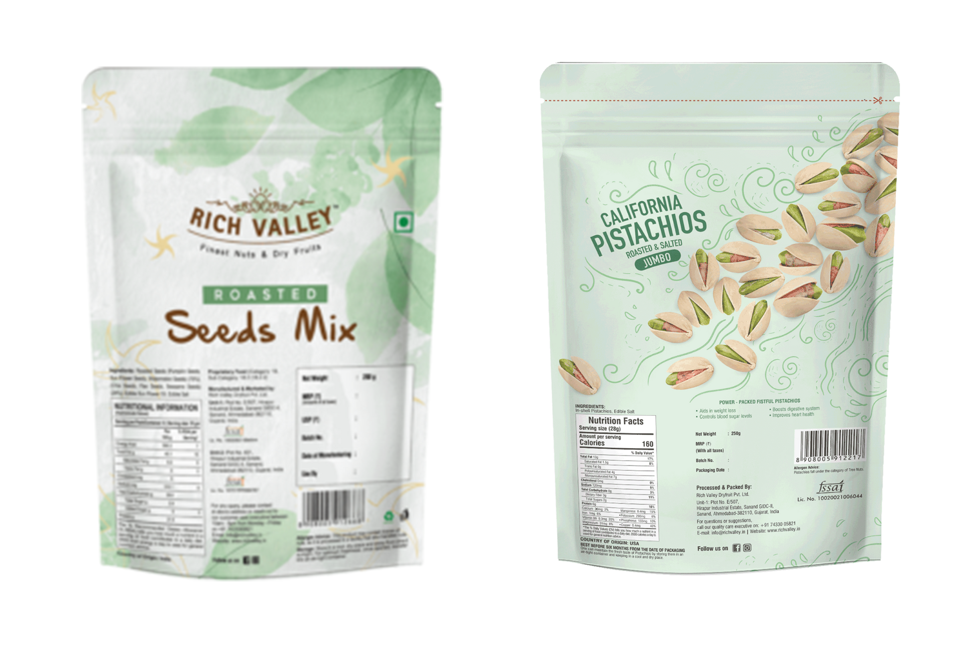Two packages of Rich Valley roasted seeds mix and California pistachios on a white background