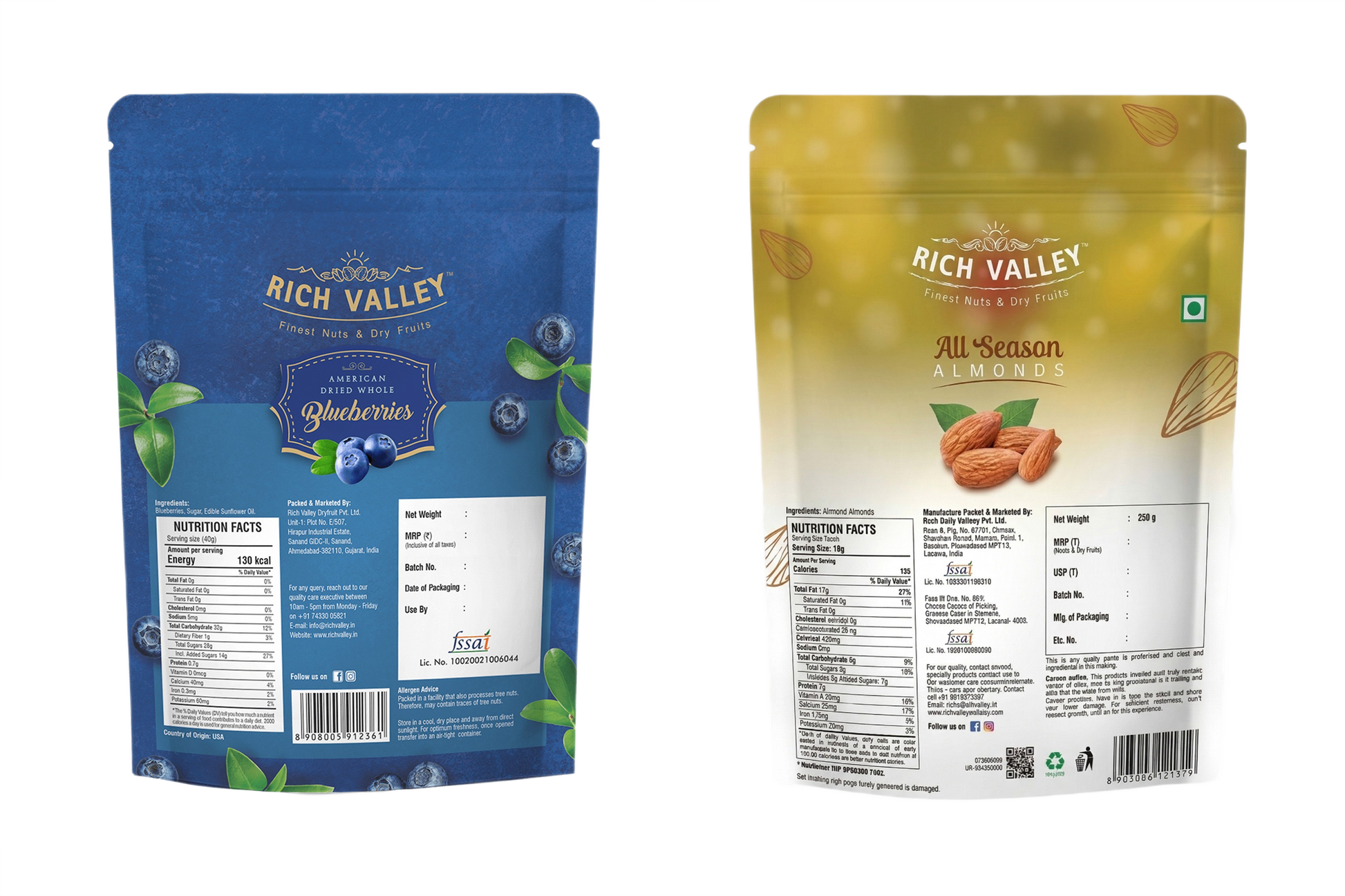 Two Rich Valley branded snack packages in blue and yellow on a white background