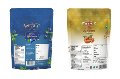 Two Rich Valley branded snack packages in blue and yellow on a white background