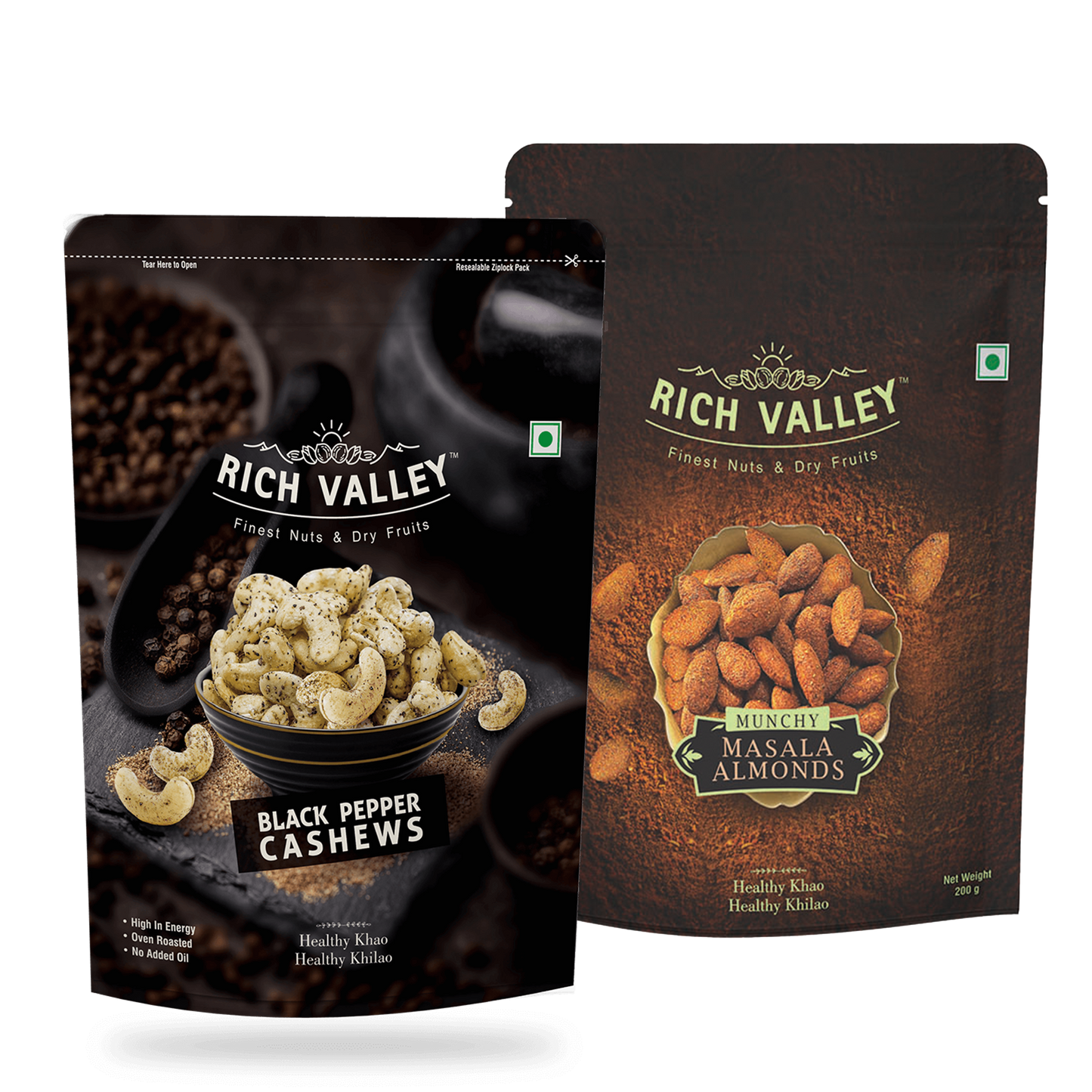 Two packages of Rich Valley black pepper cashews and masala