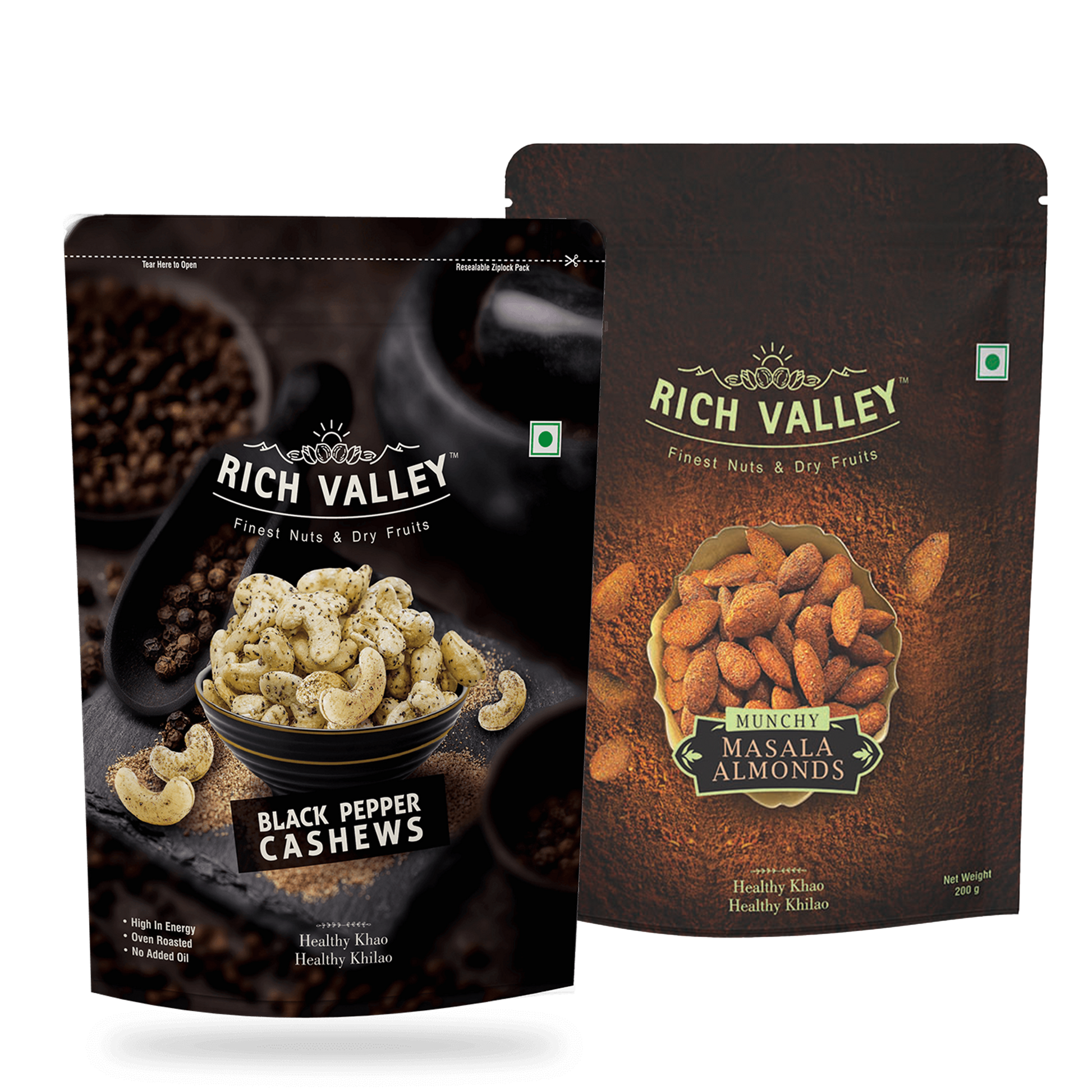 Two packages of Rich Valley black pepper cashews and masala