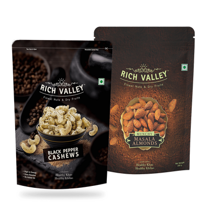 Two packages of Rich Valley black pepper cashews and masala