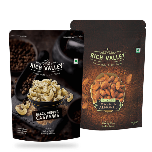 Munchy Masala Almonds & Cashew – Black Pepper (Roasted And Salted) (200g Each)