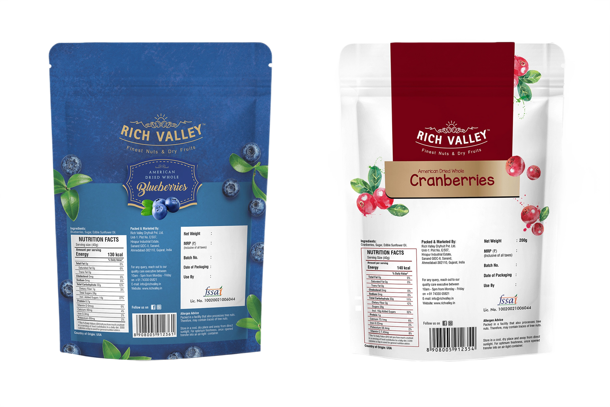 Rich Valley blueberry and cranberry combo packages on white background