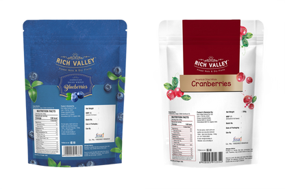 Rich Valley blueberry and cranberry combo packages on white background