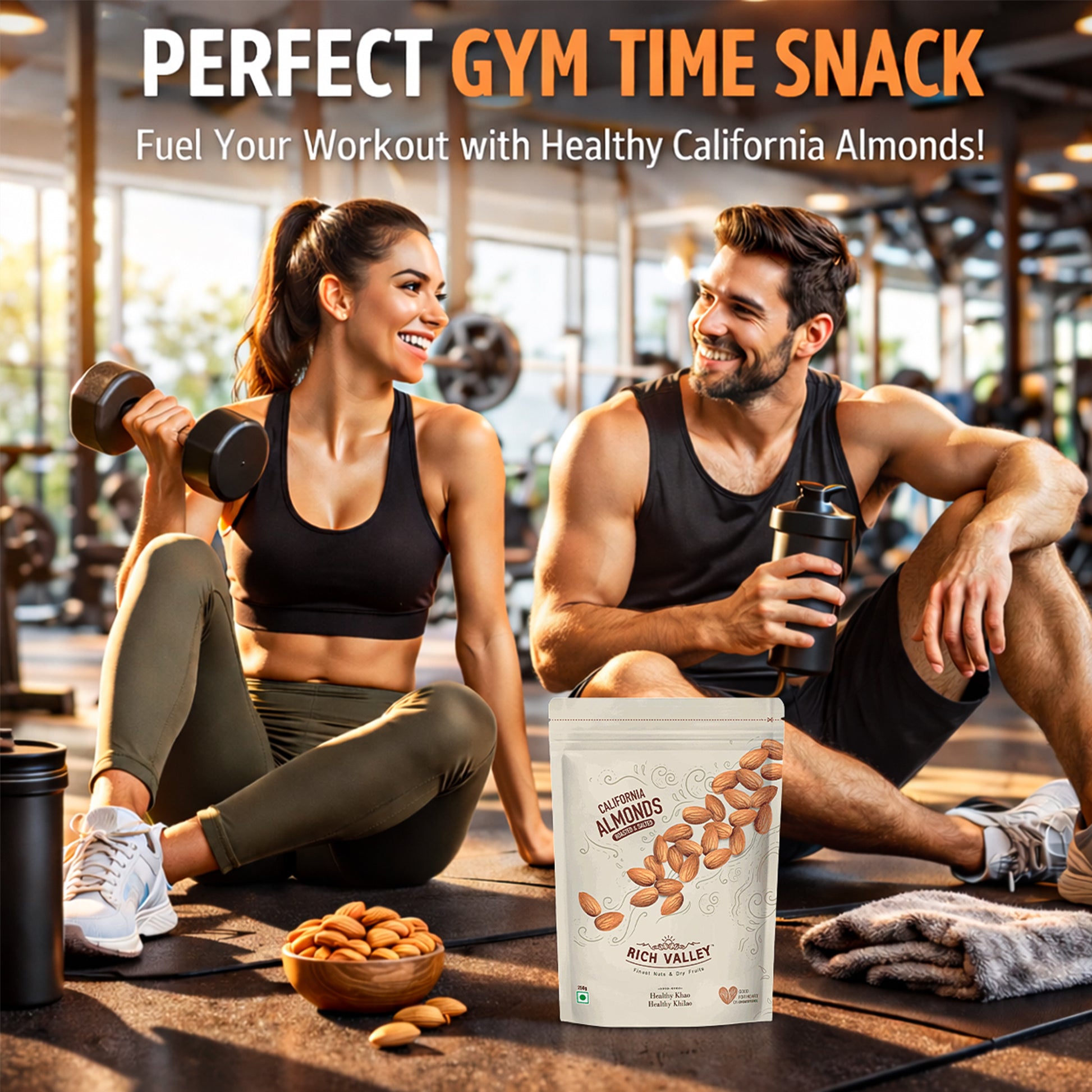 Roasted California almonds packaged for gym nutrition on a clean background