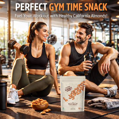 Roasted California almonds packaged for gym nutrition on a clean background